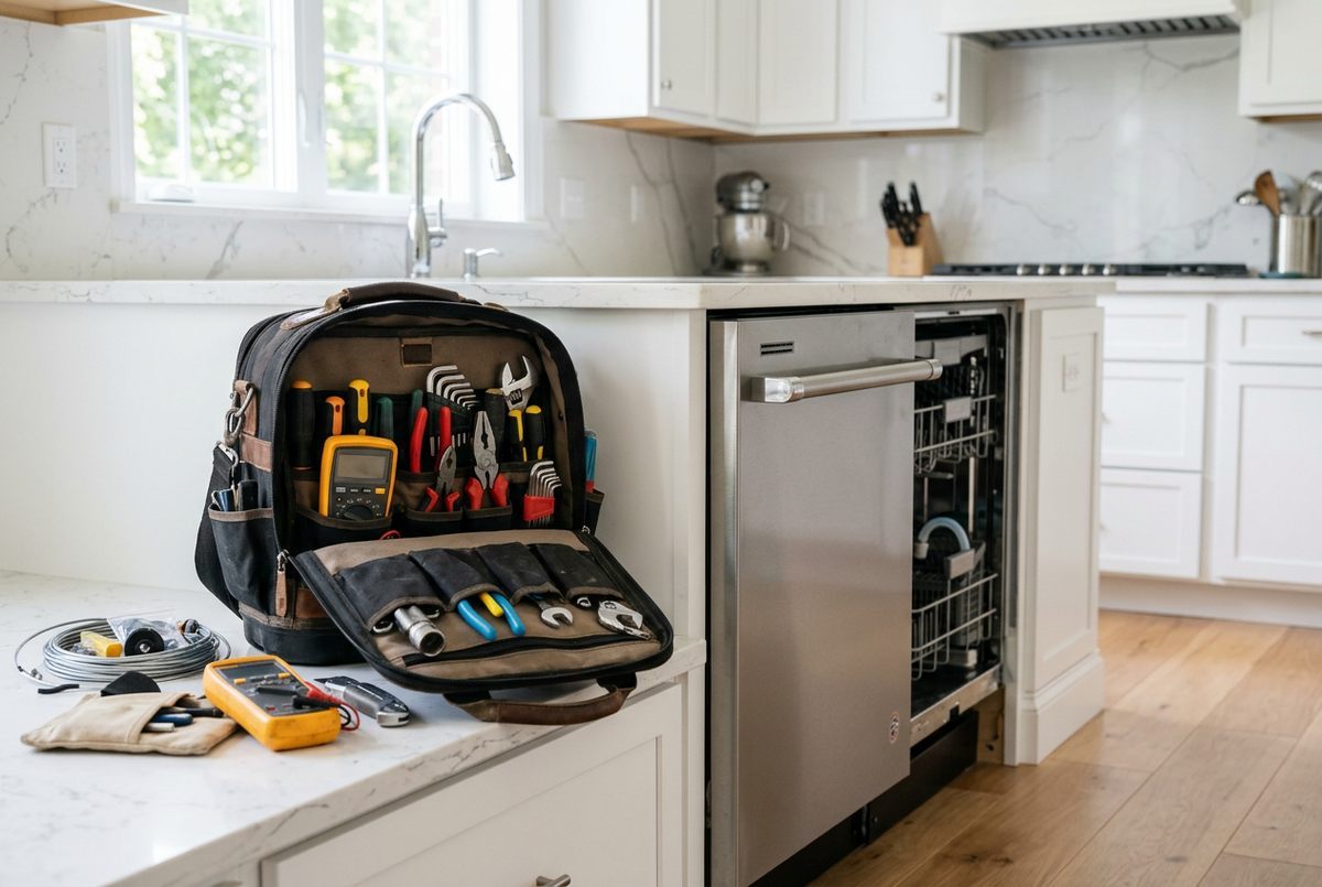 Appliance repair technician at work